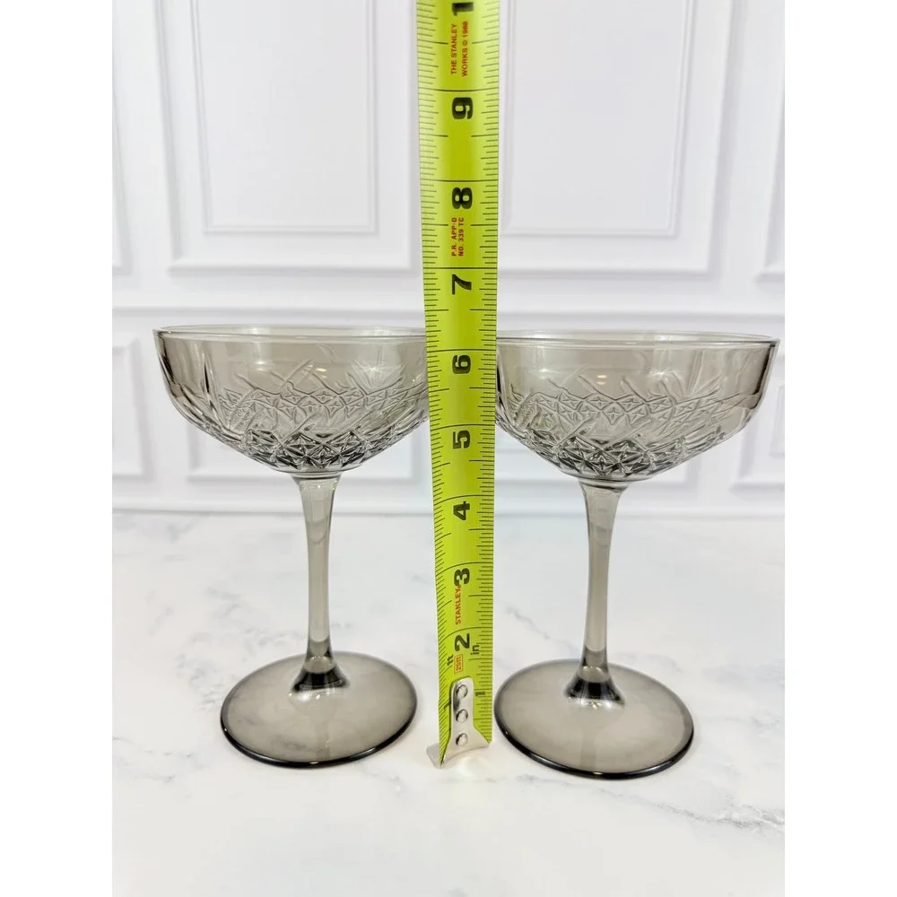 PAIR (2) Pasabahce Timeless Vintage Smoke Gray Crystal Coupe Glasses RARE